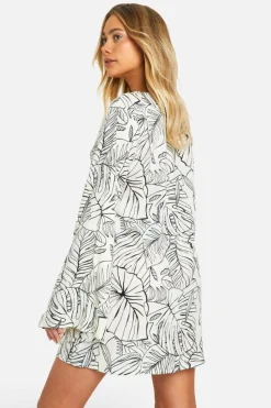 Smock Dresses*boohoo Palm Printed Cotton Ring Detail Mini Dress black