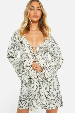 Smock Dresses*boohoo Palm Printed Cotton Ring Detail Mini Dress black