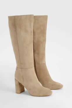 Heels|Over The Knee Boots*boohoo Panel Detail Heeled Block Heeled Knee High Boots taupe