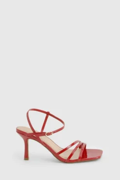 Heels*boohoo Patent Asymmetric Strappy Square Toe Heels red