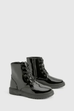 Biker Boots|All Boots*boohoo Patent Basic Lace Up Biker Boots black