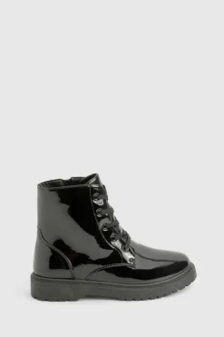 Biker Boots|All Boots*boohoo Patent Basic Lace Up Biker Boots black