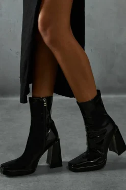 Heeled Boots|Ankle Boots*MissPap Patent Block Heel Ankle Boots black