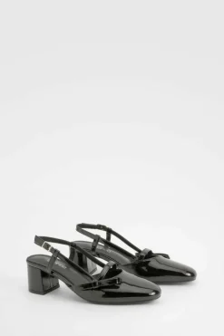 Ballet Flats|Flats*boohoo Patent Bow Detail Low Block Heel Slingback Ballets black