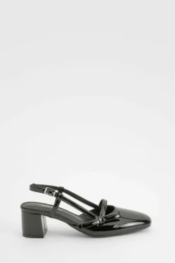 Ballet Flats|Flats*boohoo Patent Bow Detail Low Block Heel Slingback Ballets black