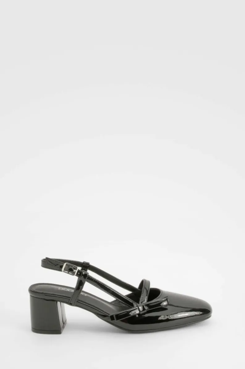 Ballet Flats|Flats*boohoo Patent Bow Detail Low Block Heel Slingback Ballets black
