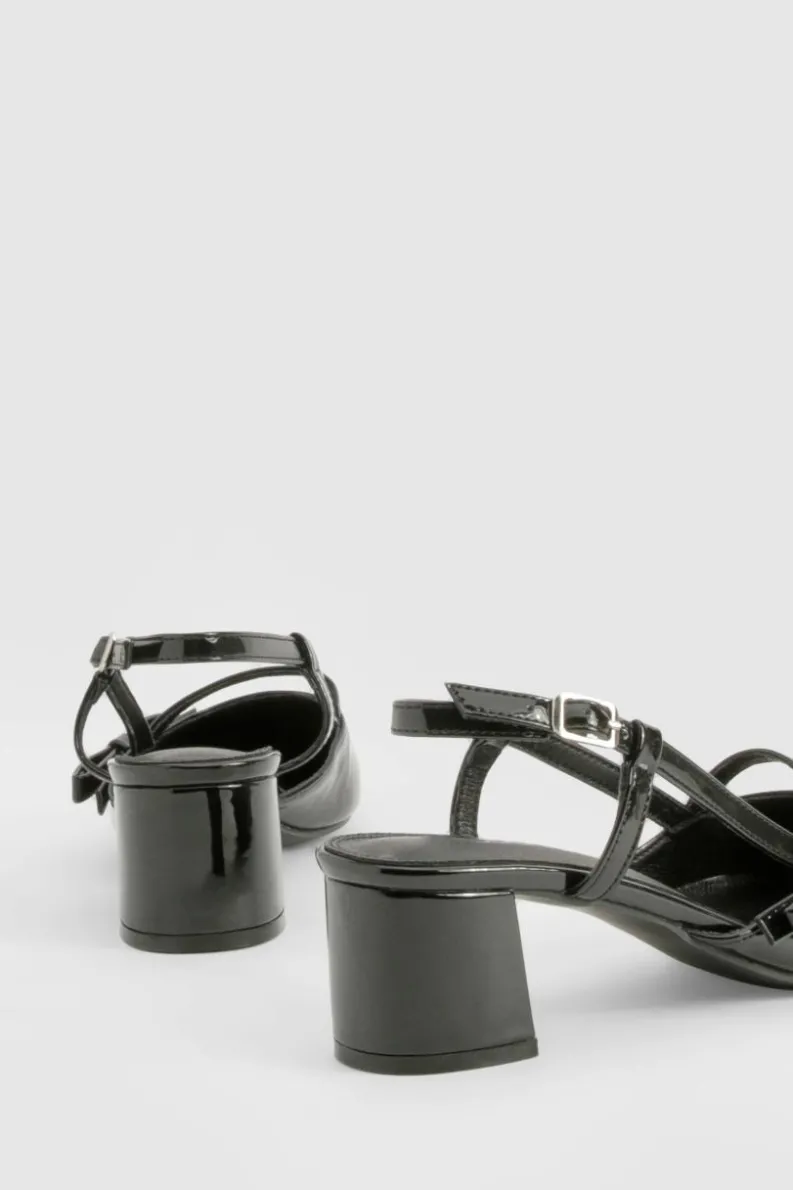 Ballet Flats|Flats*boohoo Patent Bow Detail Low Block Heel Slingback Ballets black