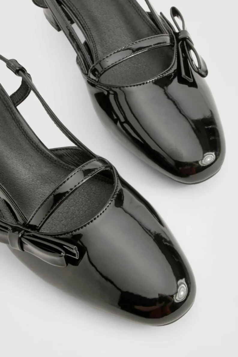 Ballet Flats|Flats*boohoo Patent Bow Detail Low Block Heel Slingback Ballets black