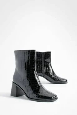 Heels|Heeled Boots*boohoo Patent Croc Block Heel Ankle Boots black