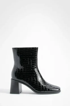 Heels|Heeled Boots*boohoo Patent Croc Block Heel Ankle Boots black