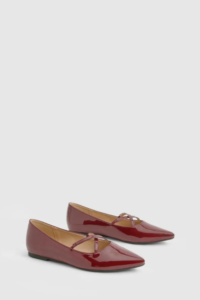 Ballet Flats|Flats*boohoo Patent Crossover Pointed Ballet Flats cherry