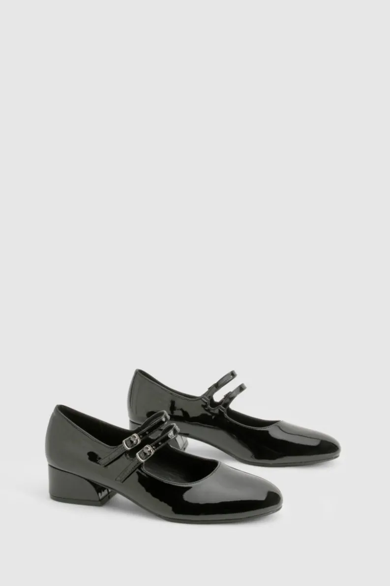 Ballet Flats|Flats*boohoo Patent Double Strap Mary Jane Ballets black