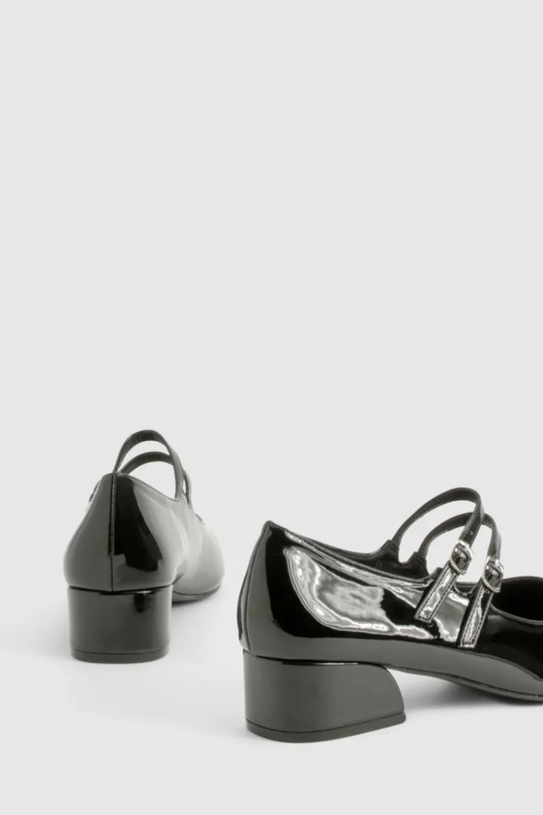 Ballet Flats|Flats*boohoo Patent Double Strap Mary Jane Ballets black