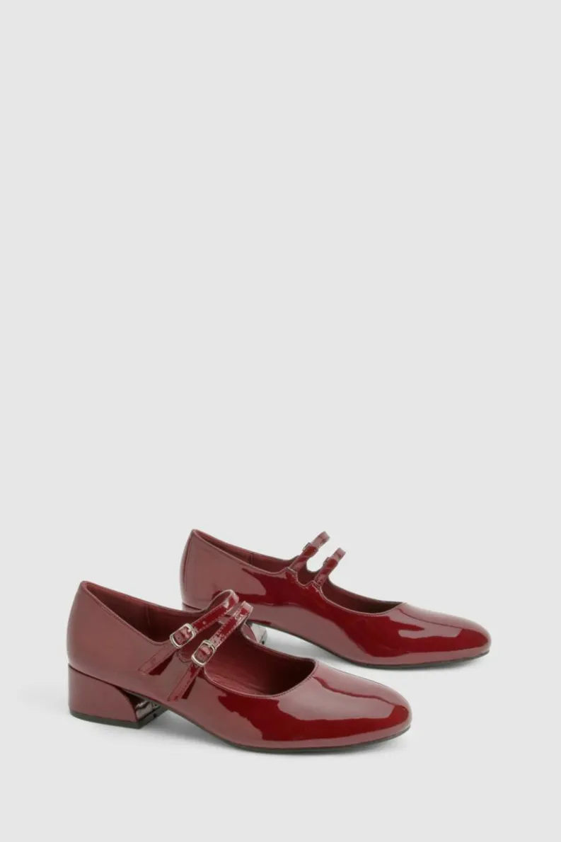 Ballet Flats|Flats*boohoo Patent Double Strap Mary Jane Ballets burgundy