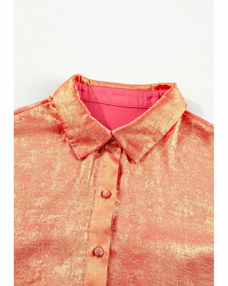 Shirt Dresses*Azura Exchange Peach Blossom Metallic Balloon Sleeve Shirt Plus Size Mini Dress Pink