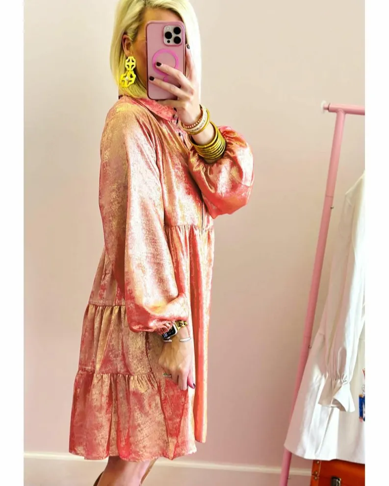 Shirt Dresses*Azura Exchange Peach Blossom Metallic Balloon Sleeve Shirt Plus Size Mini Dress Pink