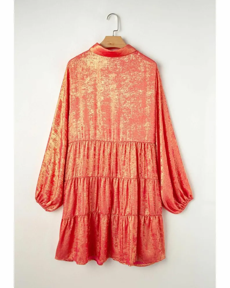 Shirt Dresses*Azura Exchange Peach Blossom Metallic Balloon Sleeve Shirt Plus Size Mini Dress Pink