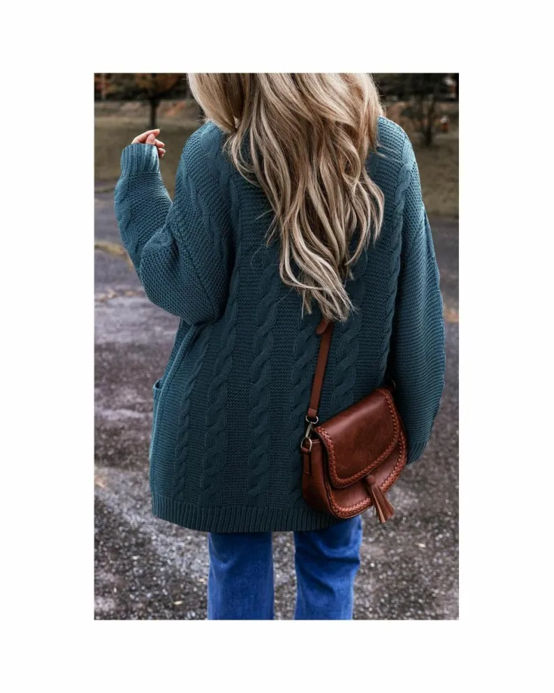 Cardigans*Azura Exchange Peacock Blue Cable Knit Button Front Pocketed Baggy Cardigan Multi
