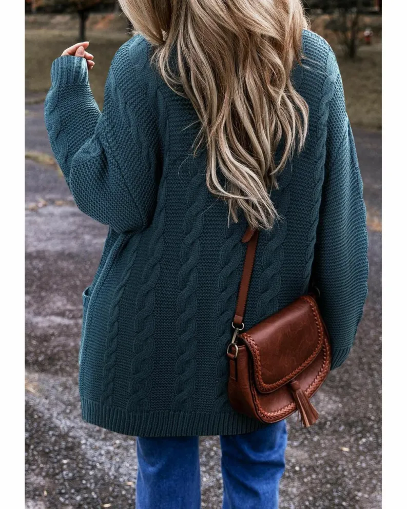 Cardigans*Azura Exchange Peacock Blue Cable Knit Button Front Pocketed Baggy Cardigan Multi