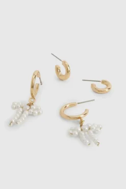 Earrings*boohoo Pearl Bow Detail Hoop Earrings 2 Pack gold