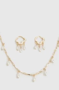 Necklaces*boohoo Pearl Detail Hoop Earrings & Necklace Multipack gold