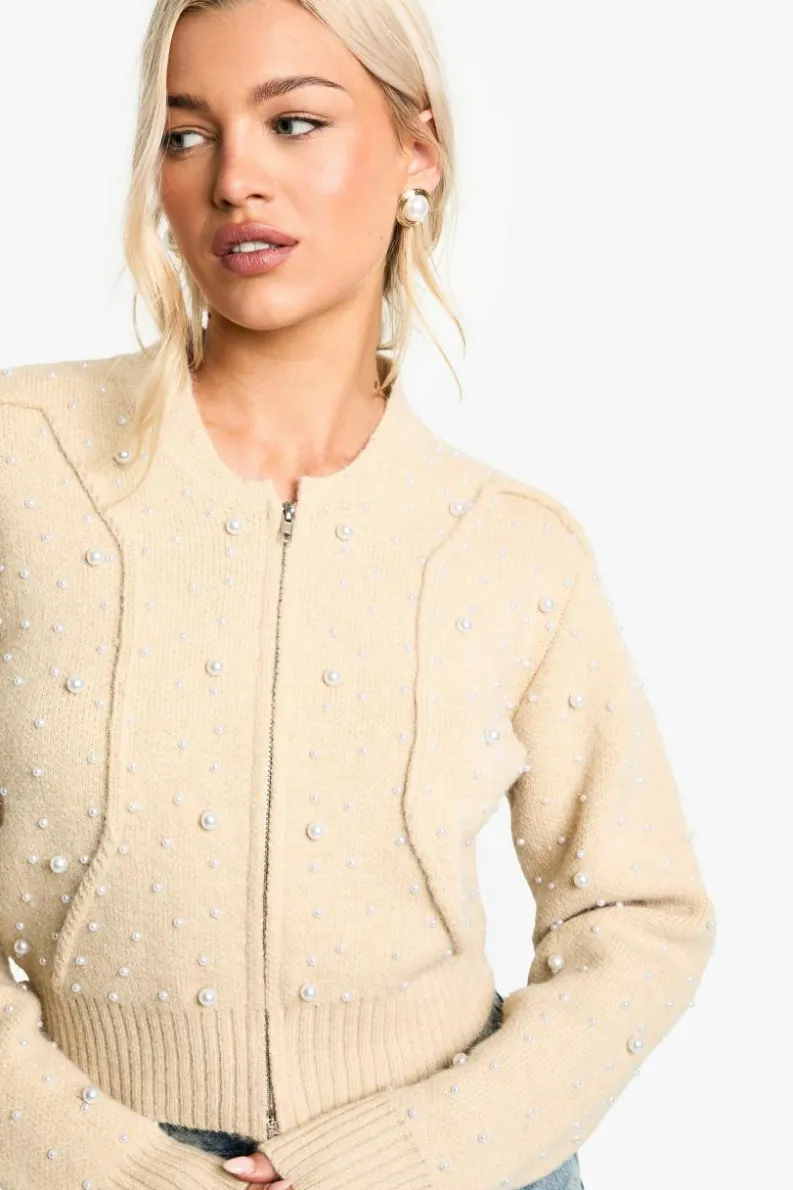 Cardigans*boohoo Pearl Detail Knitted Zip Through Bomber Cardigan beige