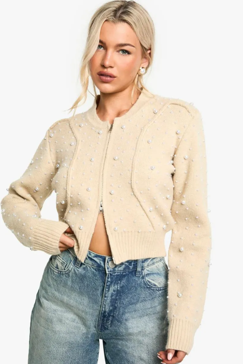 Cardigans*boohoo Pearl Detail Knitted Zip Through Bomber Cardigan beige