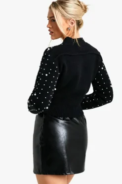 Cardigans|Jumpers & Cardigans*boohoo Pearl Detail Knitted Zip Through Bomber Cardigan black