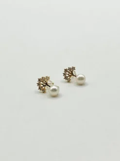 Earrings*SVNX Pearl Stud Earring with Diamante Tree in Gold