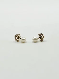 Earrings*SVNX Pearl Stud Earring with Diamante Tree in Gold