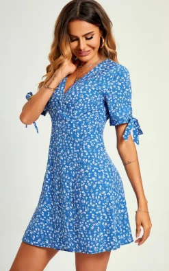 Wrap Dresses*FS Collection Peaty Floral Dot Print Mini Wrap Dress In Blue