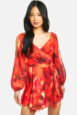 Skater Dresses*boohoo Petite Abstract Floral Godet Hem Lace Up Skater Dress red