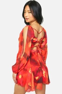 Skater Dresses*boohoo Petite Abstract Floral Godet Hem Lace Up Skater Dress red