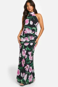 Bodycon Dresses*boohoo Petite Abstract Floral High Neck Ruched Maxi Dress black