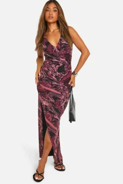 Wrap Dresses*boohoo Petite Abstract Mesh Wrap Front Maxi Dress red