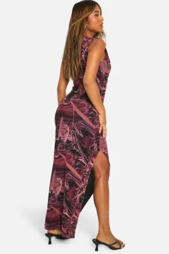 Wrap Dresses*boohoo Petite Abstract Mesh Wrap Front Maxi Dress red