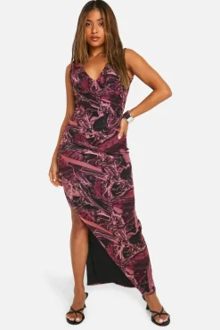 Wrap Dresses*boohoo Petite Abstract Mesh Wrap Front Maxi Dress red