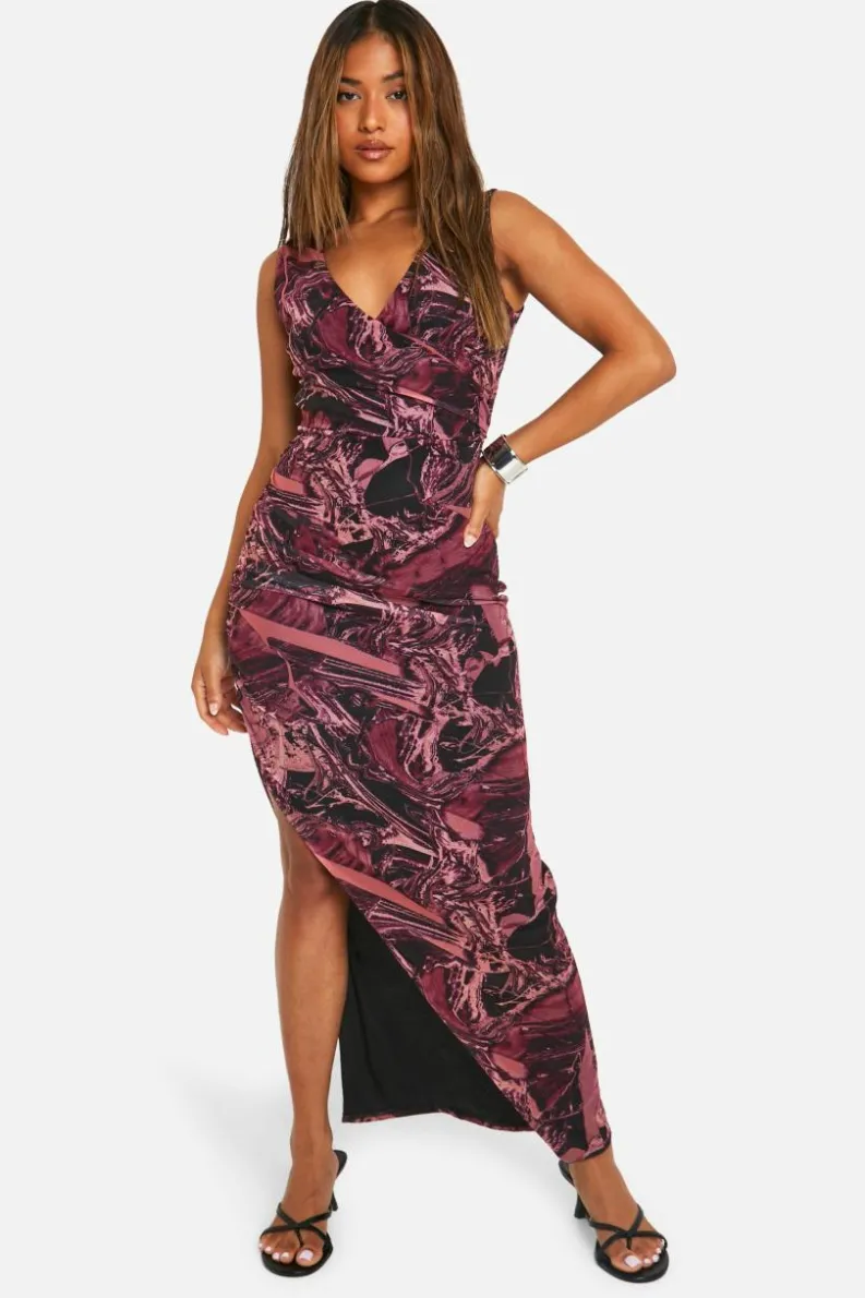 Wrap Dresses*boohoo Petite Abstract Mesh Wrap Front Maxi Dress red