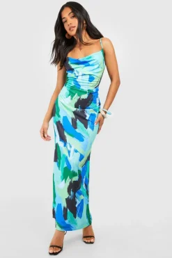 Maxi Dresses*boohoo Petite Abstract Print Cowl Neck Maxi Dress blue