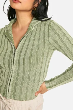 Cardigans*boohoo Petite Acid Wash Off The Shoulder Chunky Rib Knit Zip Cardigan sage