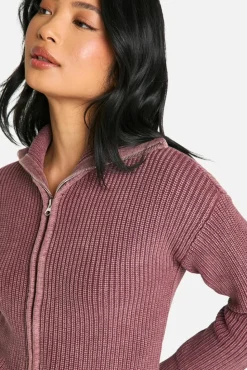 Cardigans*boohoo Petite Acid Wash Zip Through Collared Cardigan mauve