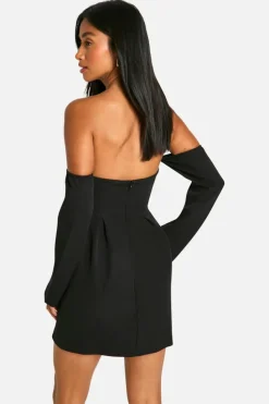A Line Dresses|Skater Dresses*boohoo Petite A-Line Bardot Long Sleeve Mini Dress black