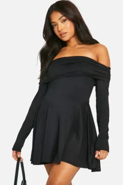 Skater Dresses*boohoo Petite Bardot Long Sleeve V Waist Skater Dress black