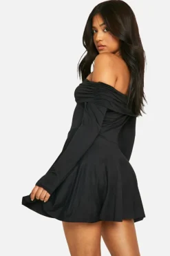 Skater Dresses*boohoo Petite Bardot Long Sleeve V Waist Skater Dress black