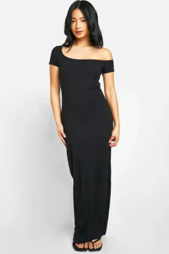 Bodycon Dresses*boohoo Petite Basic Cotton Asym Neck Bodycon Maxi Dress black