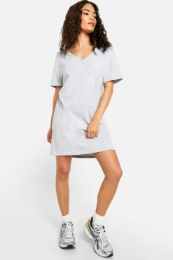 Shirt Dresses|T-Shirt Dresses*boohoo Petite Basic Vneck Oversized T-shirt Dress grey