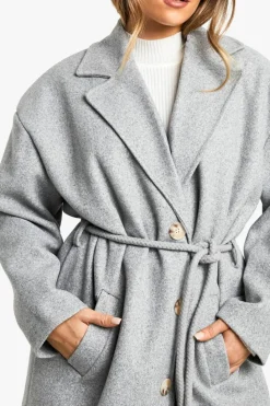 Up To 80% Off Winter Warmers|Wool Look Coats*boohoo Petite Belt Detail Wool Look Maxi Coat grey marl