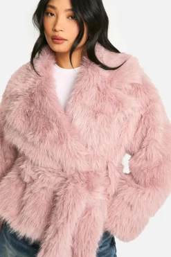 Up To 80% Off Winter Warmers|Faux Fur Coats*boohoo Petite Belted Faux Fur Jacket pale pink