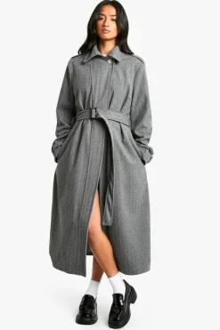 Up To 80% Off Winter Warmers|Wool Look Coats*boohoo Petite Belted Herringbone Wool Look Coat grey