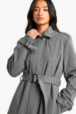 Up To 80% Off Winter Warmers|Wool Look Coats*boohoo Petite Belted Herringbone Wool Look Coat grey
